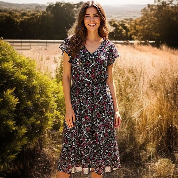 MSK Dark Floral Midi Dress S Coquette Smocked Flutter Sleeves Fairy Cottage NEW  - Picture 1 of 16